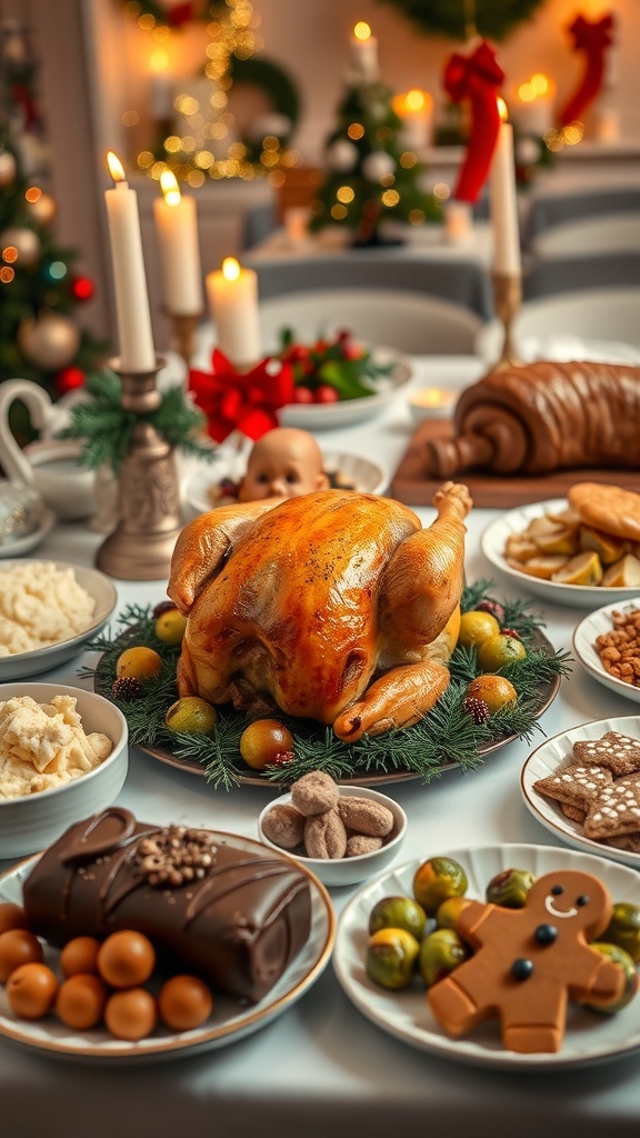 Casual Christmas Dinner Ideas A casual Christmas dinner table with roasted chicken, side dishes, and festive decorations.